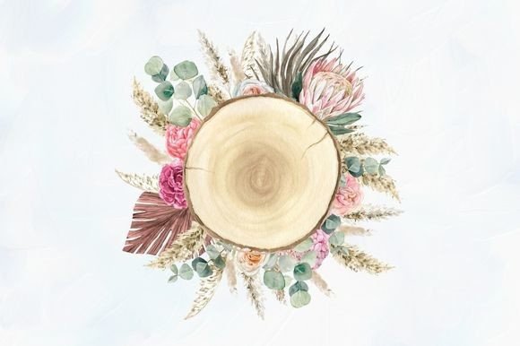 Capturing the Boho Spirit: Your Versatile Floral Wooden Slice Wedding Clipart