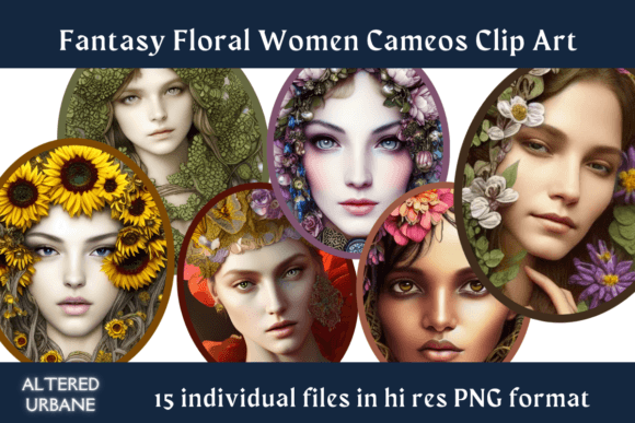 Enchanting Fantasy Floral Women Cameo Clip Art